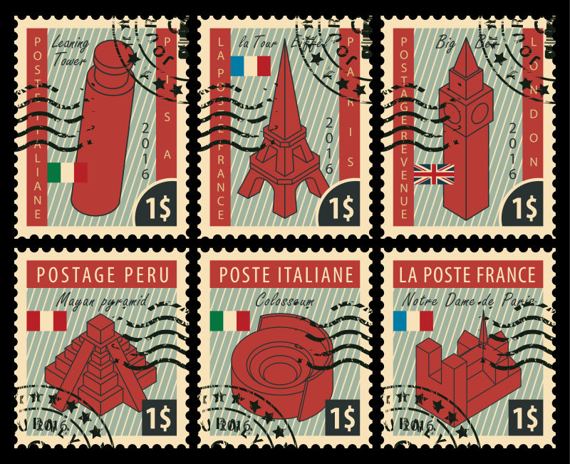 矢量以不同国家建筑标志为主题的邮票