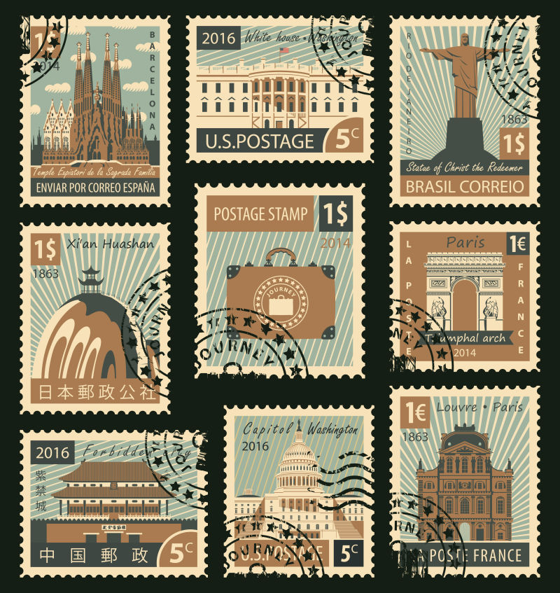 矢量来自不同国家的标志为主题的老式邮票