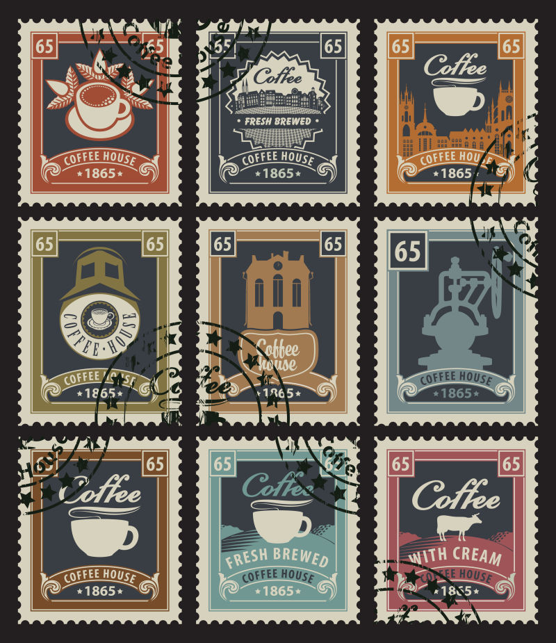 矢量复古风格咖啡馆为主题的邮票