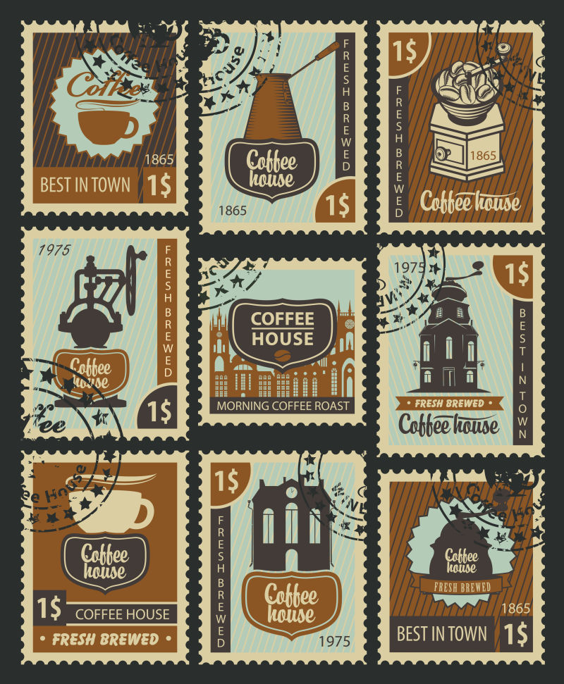 矢量以咖啡为主题为主题的邮票