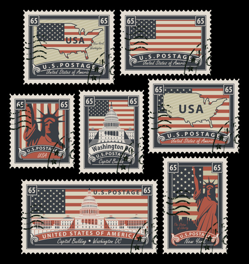 以印有美利坚合众国建筑的矢量老式邮票