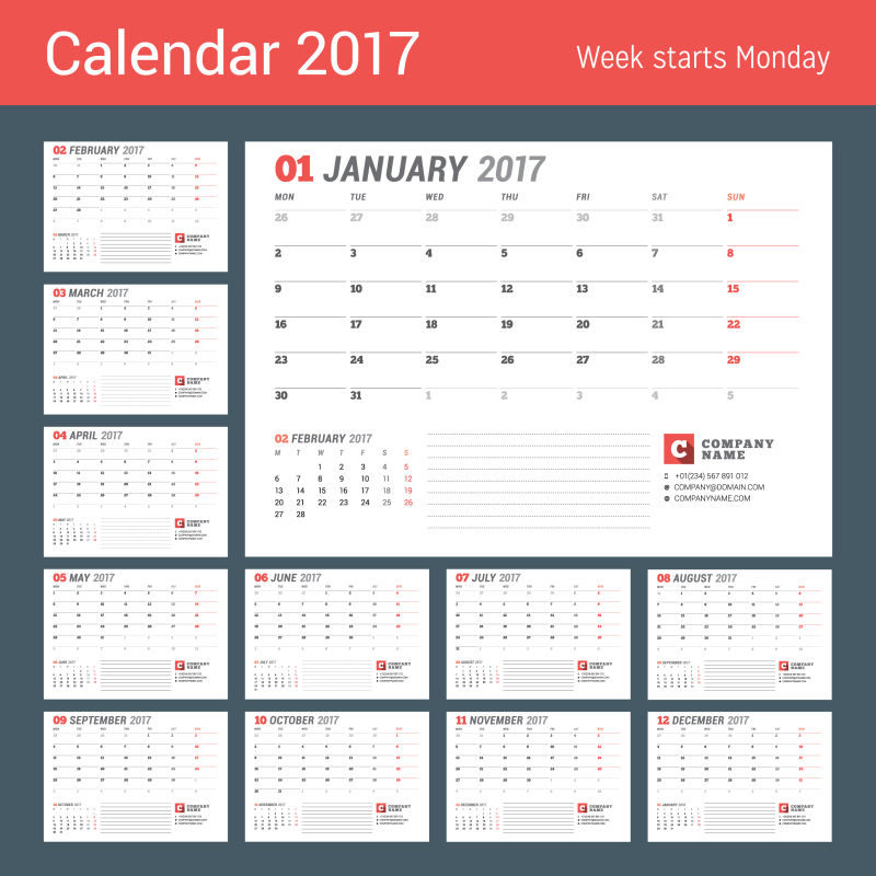 矢量2017年12个月日历设计