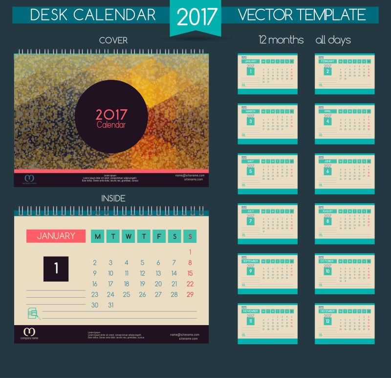 2017日历所有月的设计矢量