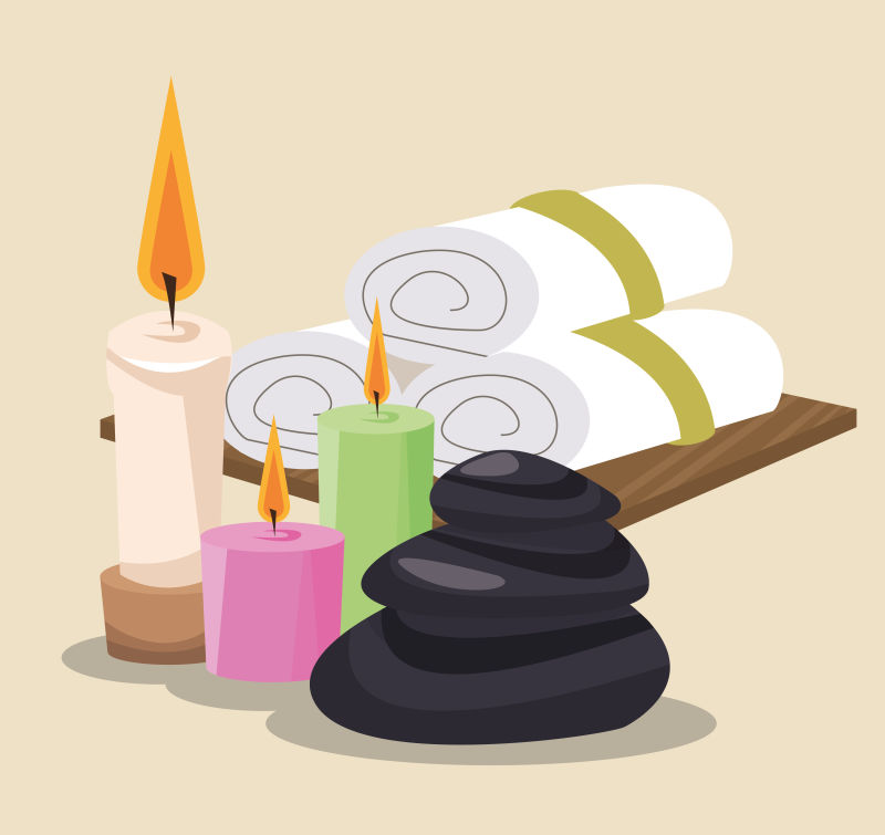 蜡烛石头和毛巾元素的女子SPA美容养生矢量插图