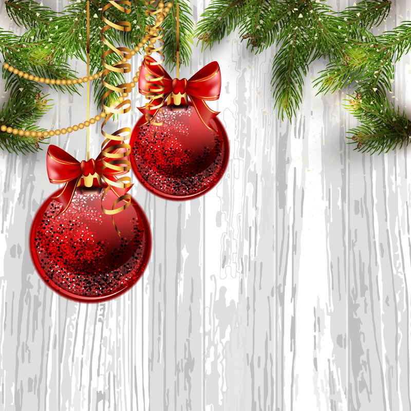 杉树和圣诞球装饰的新年贺卡矢量插图