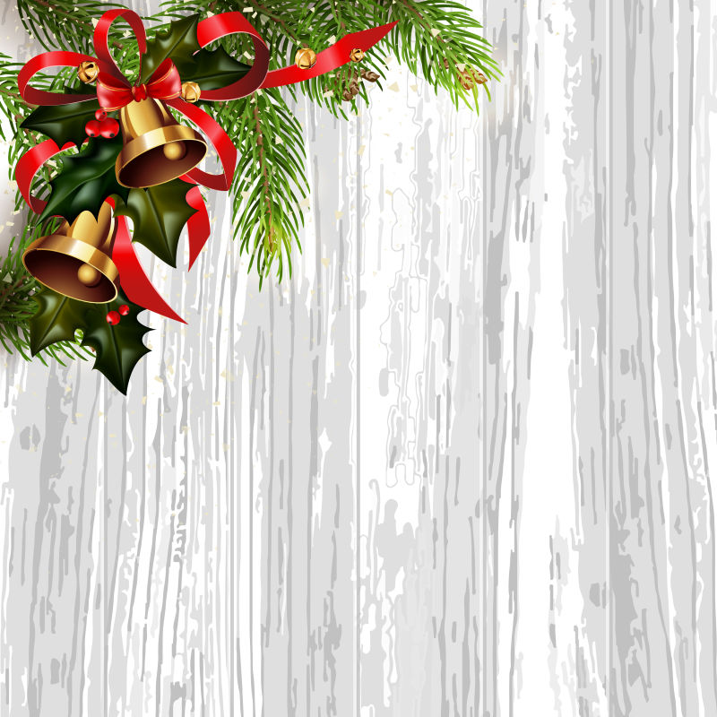杉树和红色丝带铃铛装饰的圣诞背景矢量图