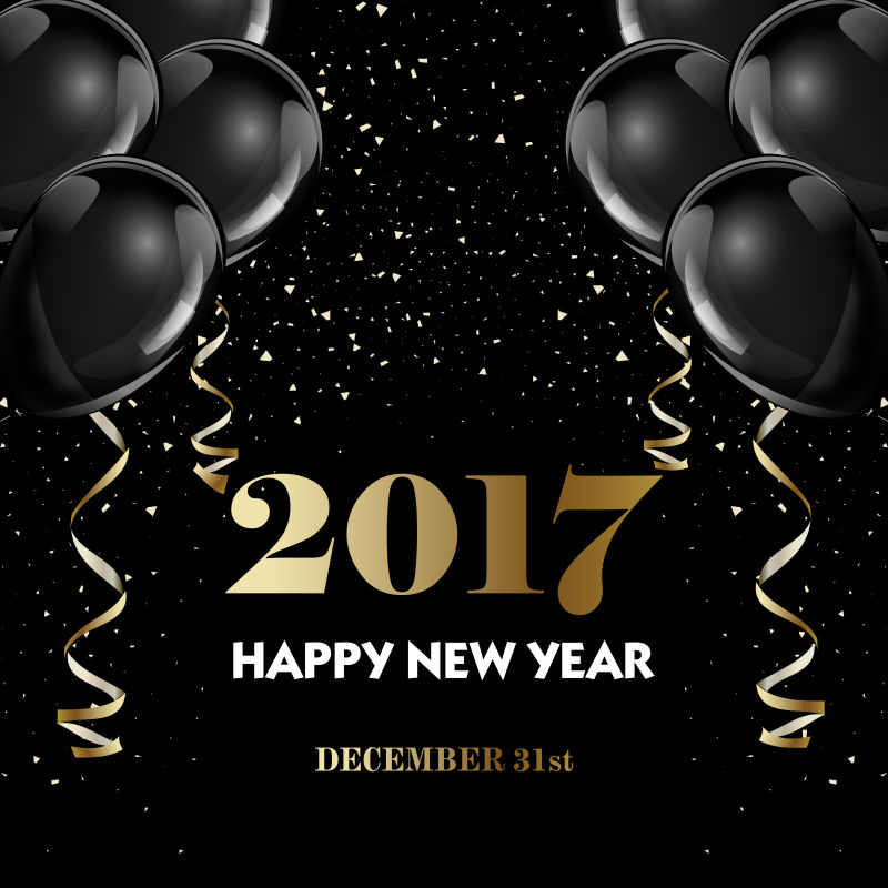 矢量新年快乐2017金香槟和黑热气球贺卡