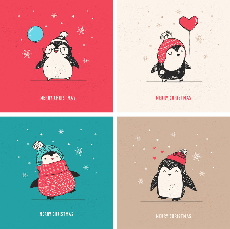 可爱的手绘企鹅圣诞快乐问候矢量