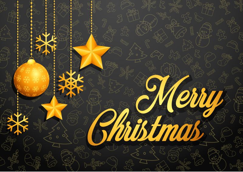 金子圣诞节球和星在黑色编织的矢量圣诞背景