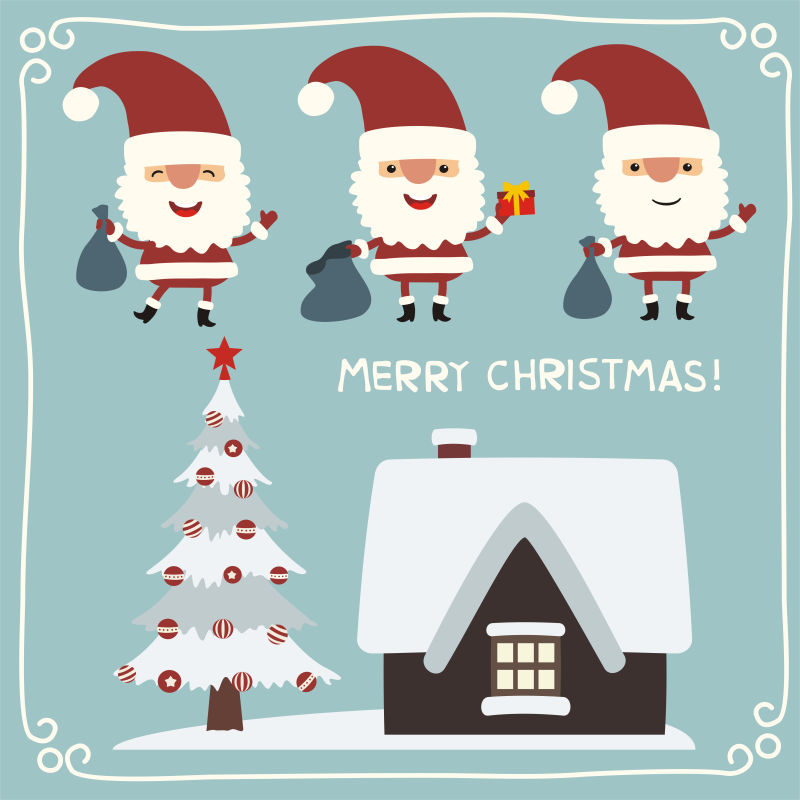 卡通圣诞老人和圣诞树小房子矢量图