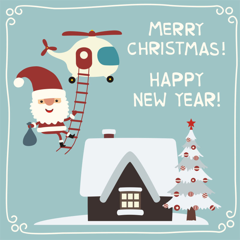 卡通房顶上的直升机和圣诞老人矢量图