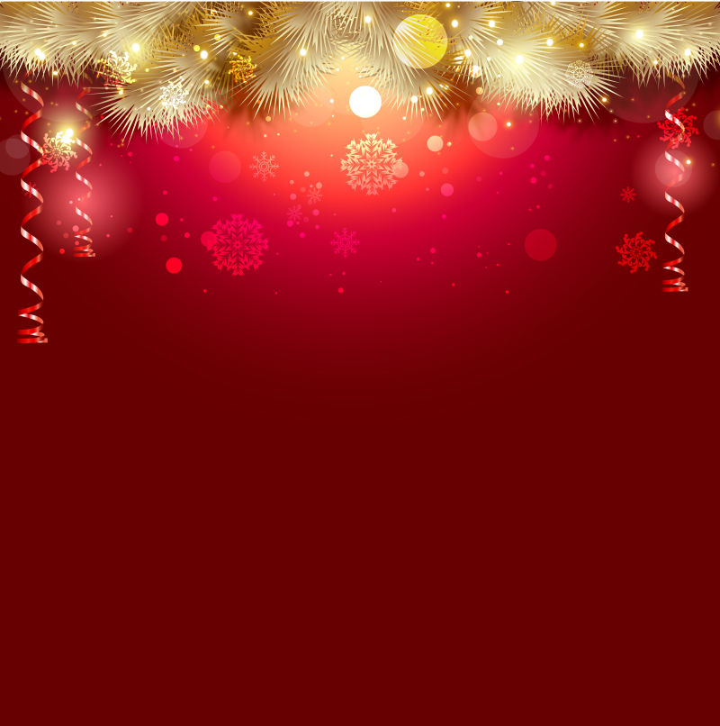 矢量金色光芒装饰的圣诞树枝的红色圣诞节背景图