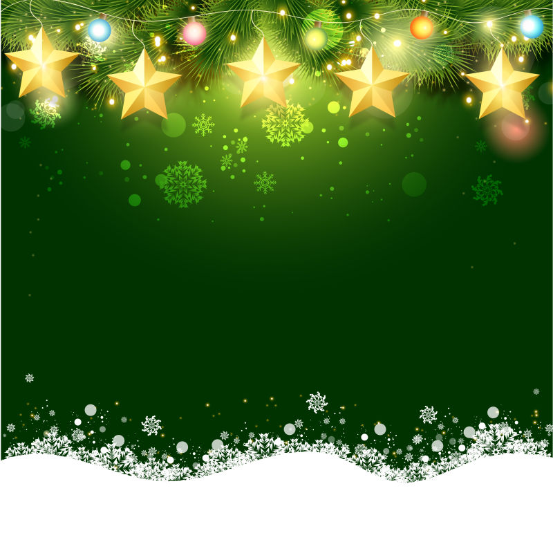 矢量金色星星和绿色圣诞树枝的圣诞节背景图