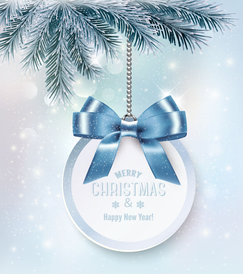 假日圣诞背景与礼品卡和蓝色蝴蝶结矢量插图