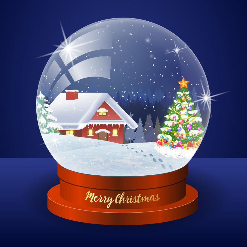 圣诞节冬季景观全球雪屋森林和圣诞树内部矢量插图