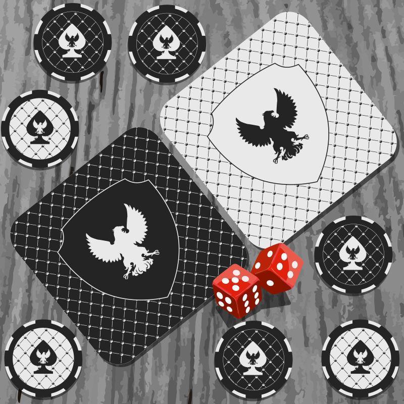 黑白矢量赌场筹码和骰子