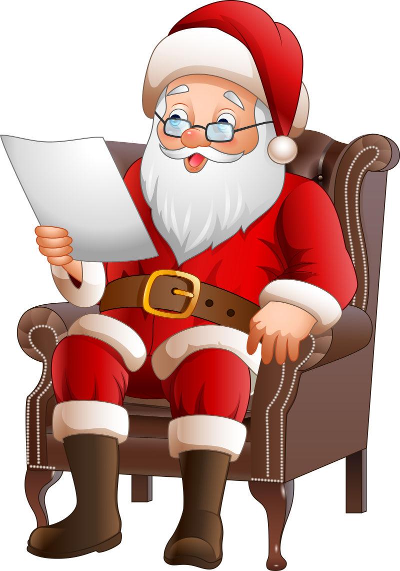 矢量设计坐在沙发上看清单的圣诞老人
