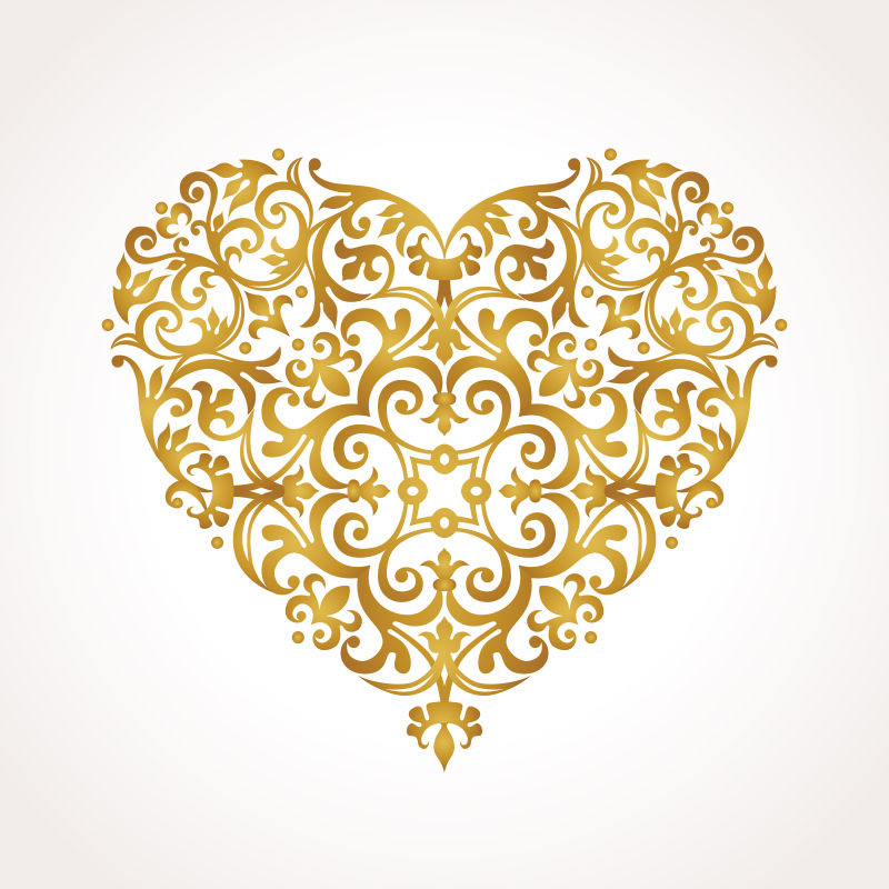 矢量华丽花卉装饰的金色心形小册子设计