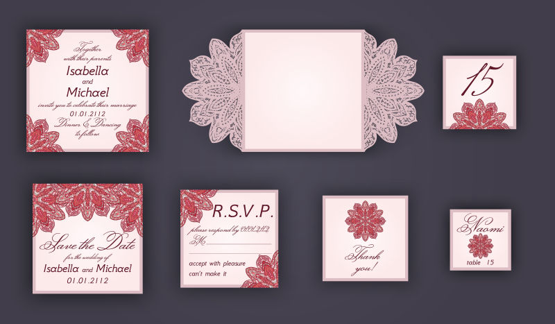 老式婚礼邀请设计集包括邀请卡矢量粉色