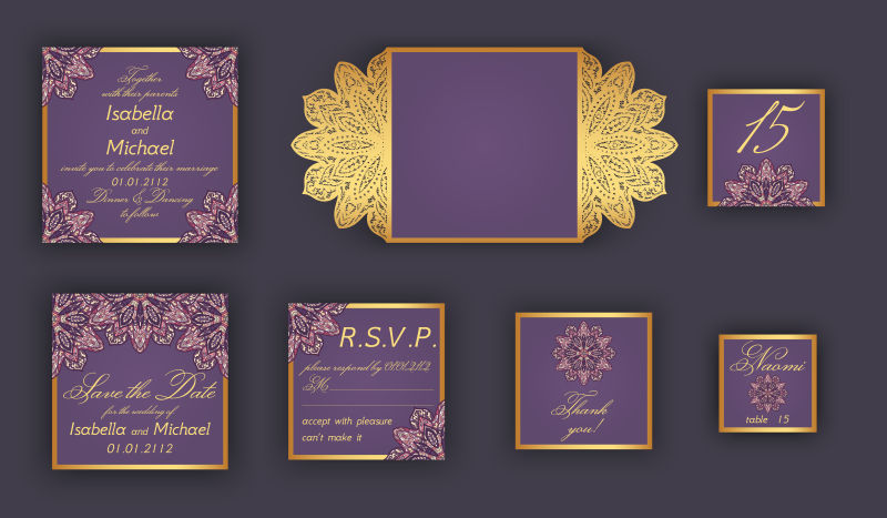 老式婚礼邀请设计集包括邀请卡矢量紫色