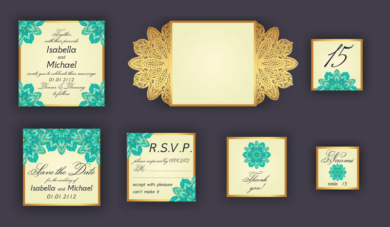 老式婚礼邀请设计集包括邀请卡矢量米色
