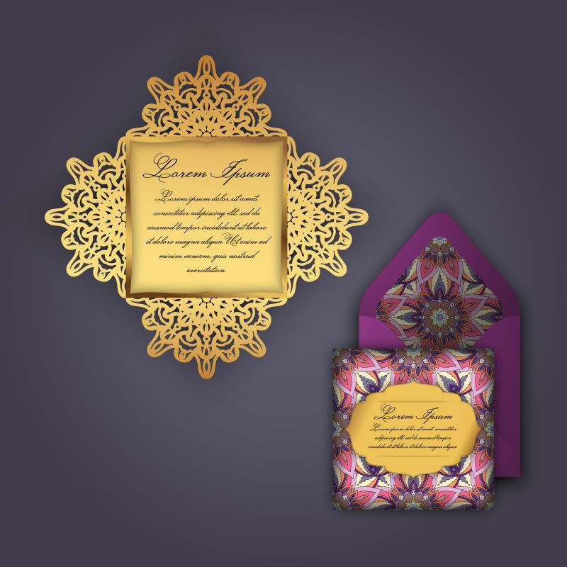 紫色信封矢量创意结婚请帖卡与老式花卉装饰纸花边