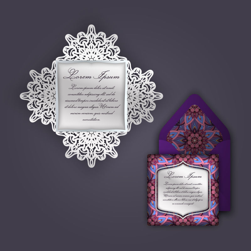 紫色的信封矢量创意结婚请帖卡与老式花卉装饰纸花边