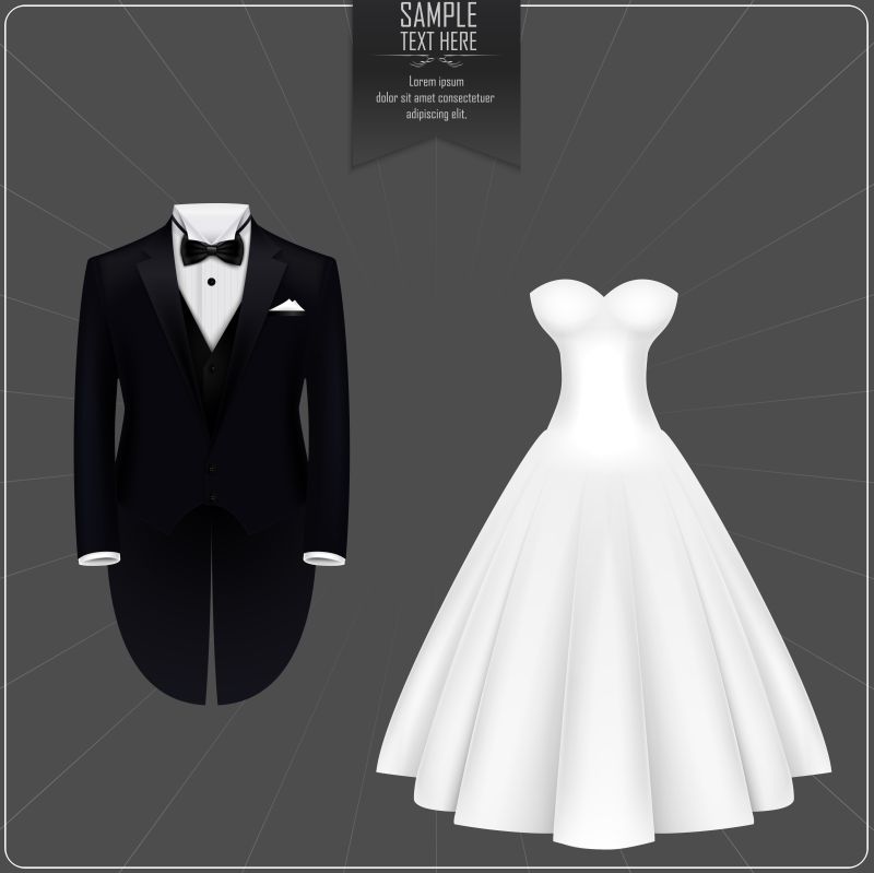 黑色燕尾服和白色新娘礼服矢量插图