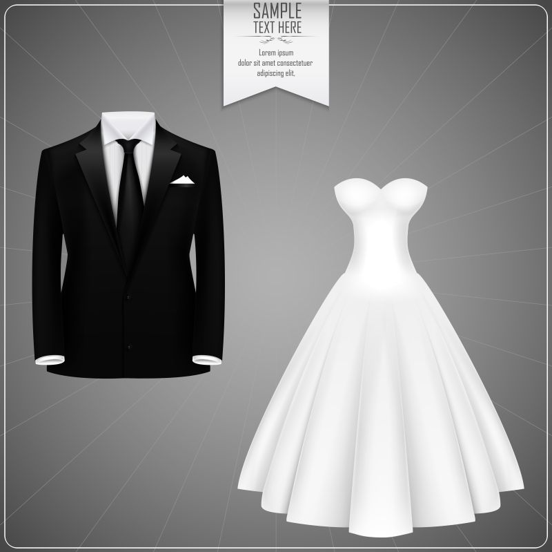 黑色新郎套装和白色婚纱矢量