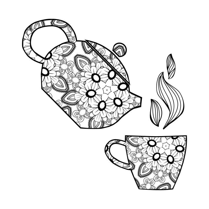 矢量设计手绘茶壶和杯子