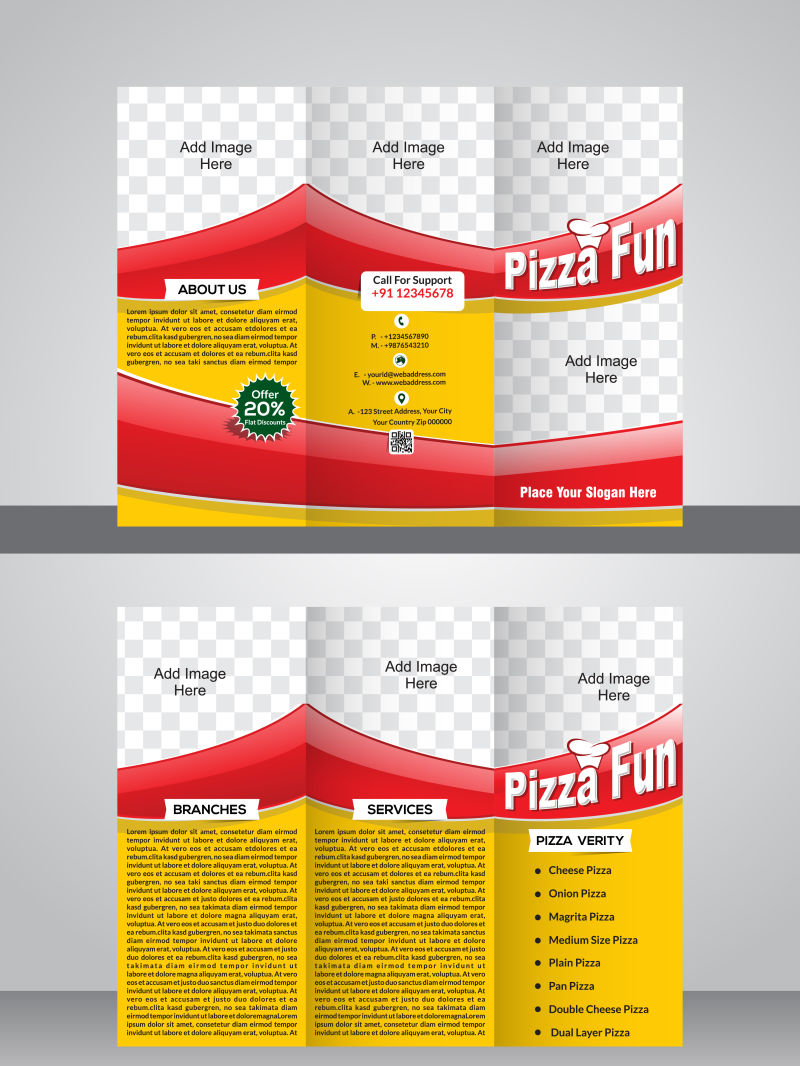 黄色白色红色三种颜色的三折商业宣传册矢量设计
