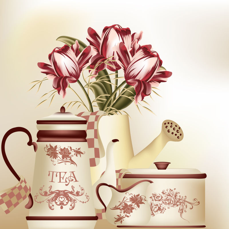 矢量茶杯茶壶和花朵