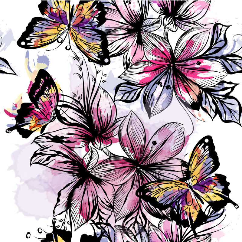 矢量手绘风格的花和蝴蝶插图