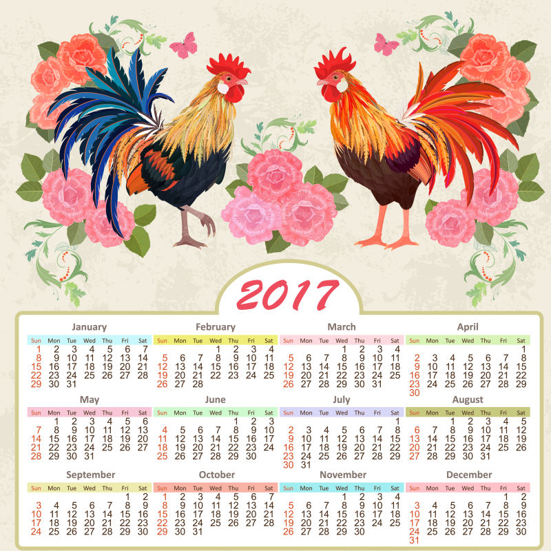 彩色公鸡图案日历矢量设计
