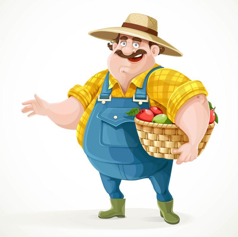 胖胖的农场主拿着一篮苹果矢量