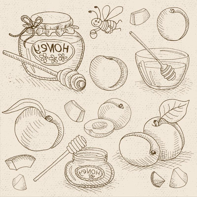 蜂蜜桃子杏子李子和滑稽的蜜蜂手绘矢量插图