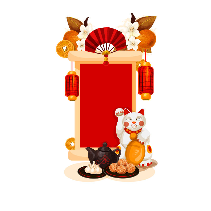 中国新年矢量漫画与幸运猫插图