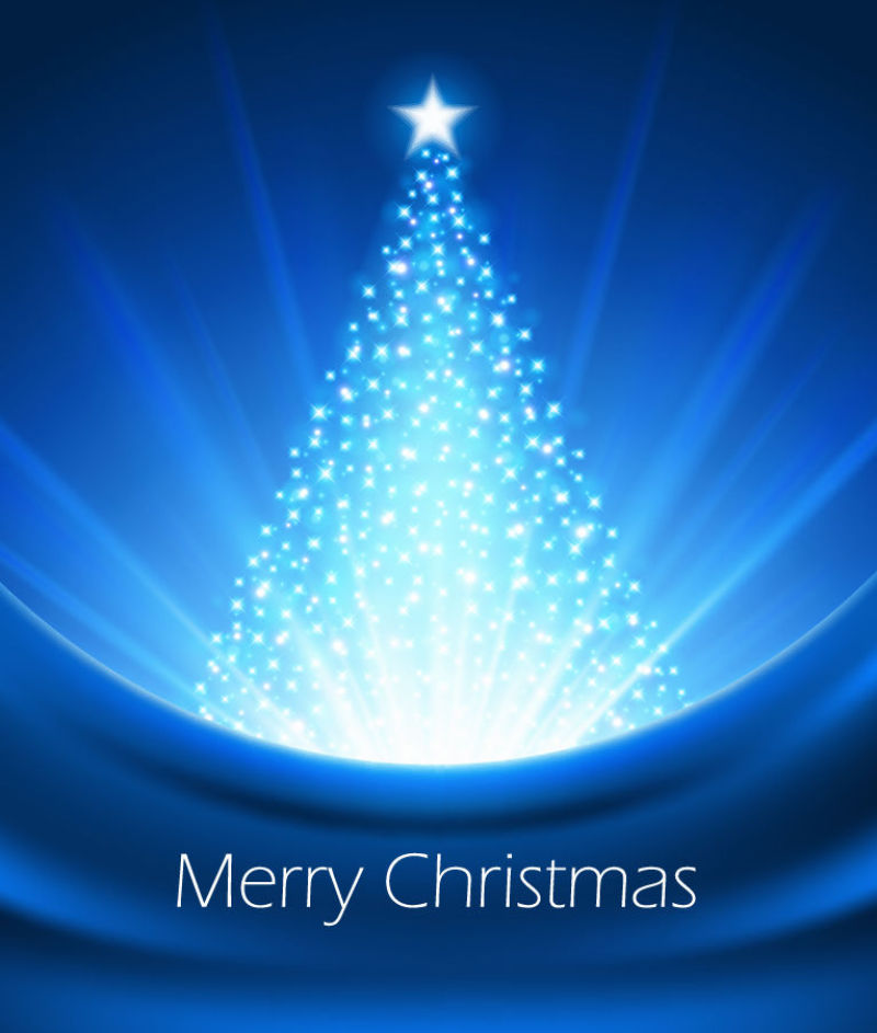 蓝色背景下闪闪发光的圣诞树矢量图
