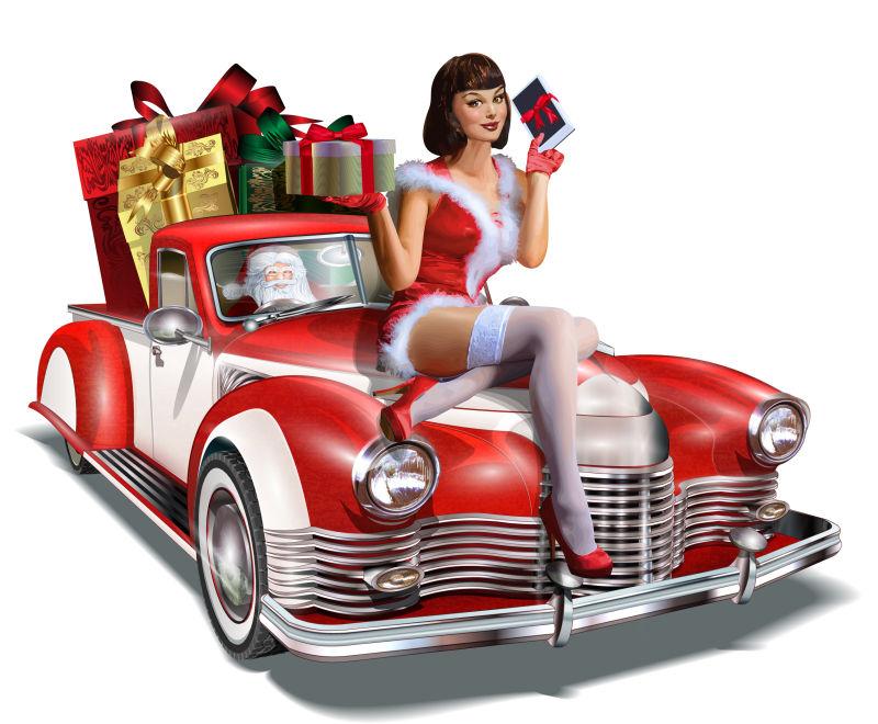 坐在红色汽车上的卡通美女送礼物矢量设计