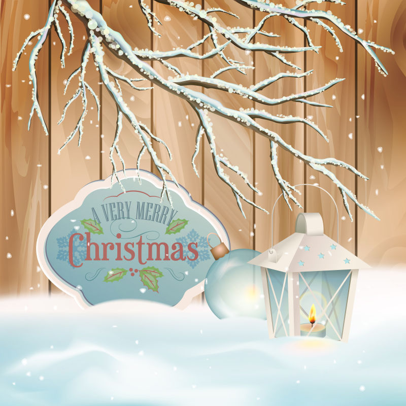 雪后的圣诞树和灯的木背景矢量设计