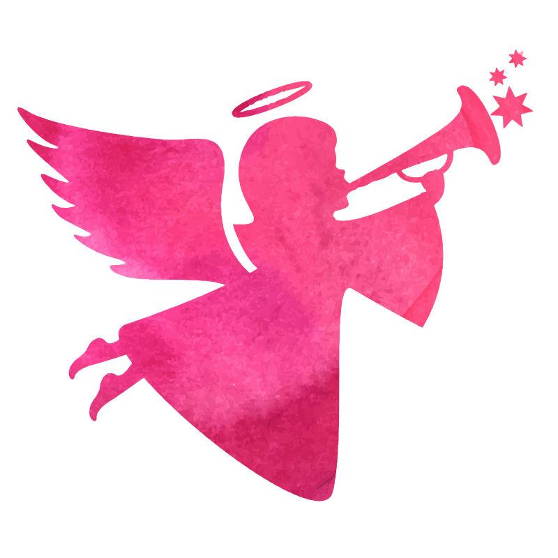 粉色吹喇叭的天使水彩剪影矢量