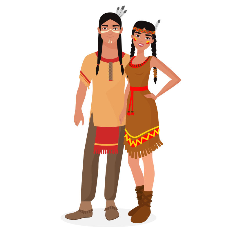矢量美洲印第安人男女穿着传统民族服装