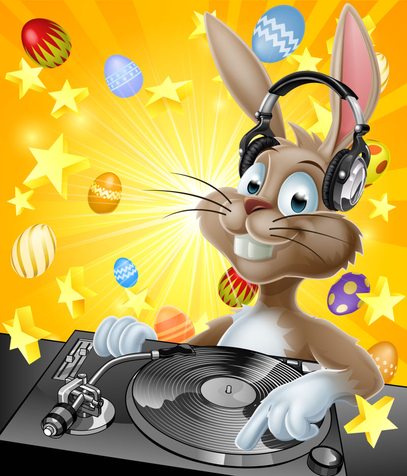 复活节带着耳机的兔子DJ师矢量