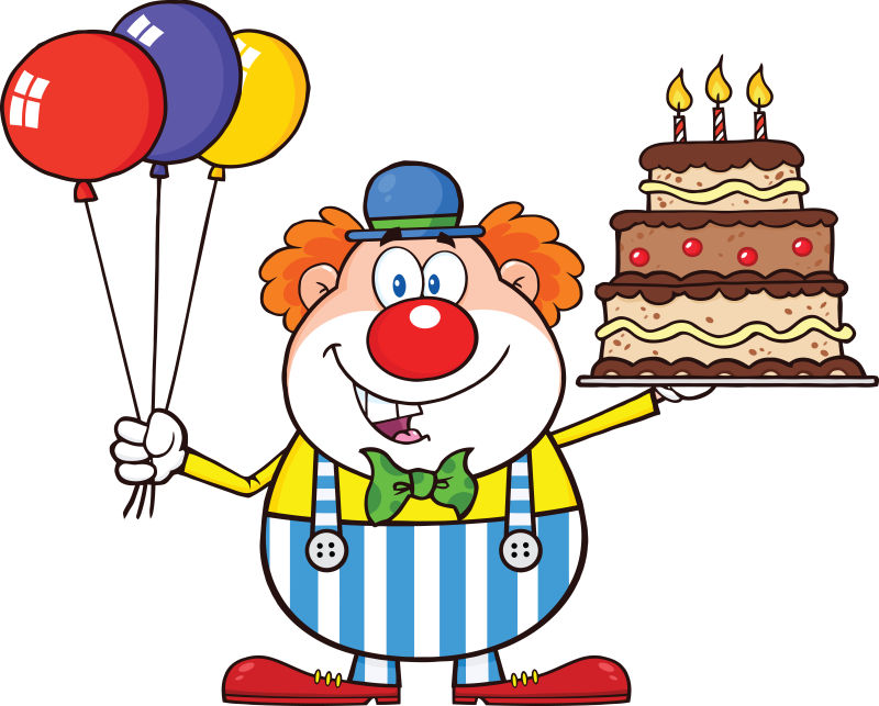 矢量小丑拿着气球和蛋糕