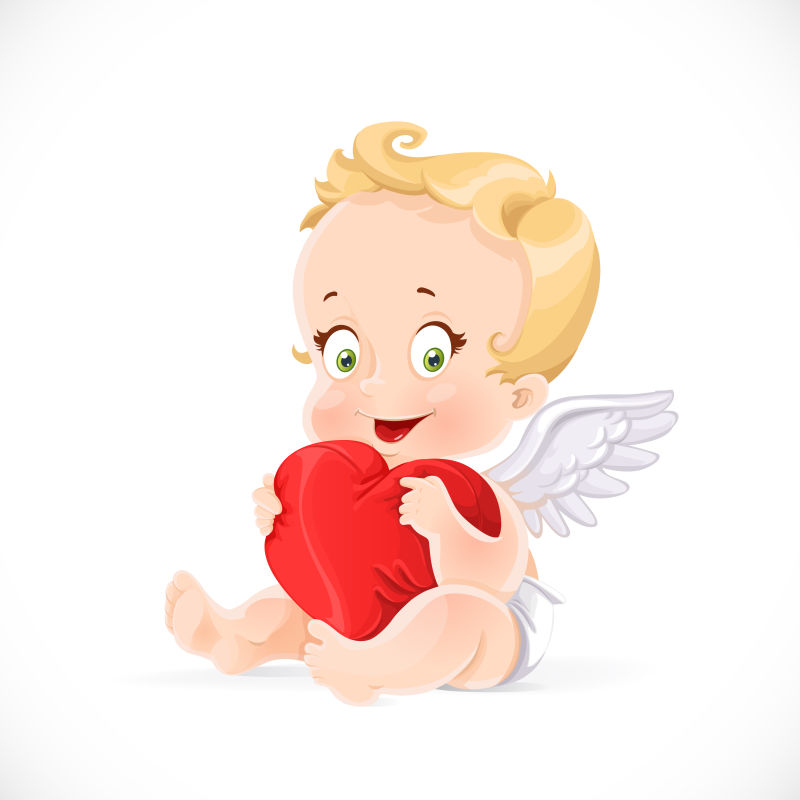 抱着红色爱心的可爱小天使矢量插图