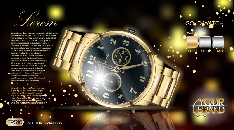 矢量黑色底盘金色表带和边缘的精品手表广告矢量设计