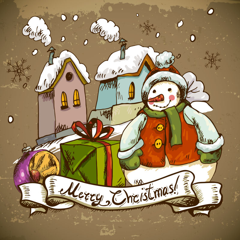 矢量圣诞雪人礼物和房子