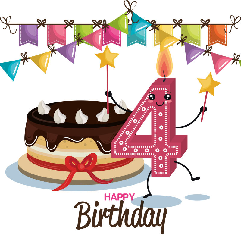 四周岁生日蜡烛和蛋糕装饰贺卡设计矢量