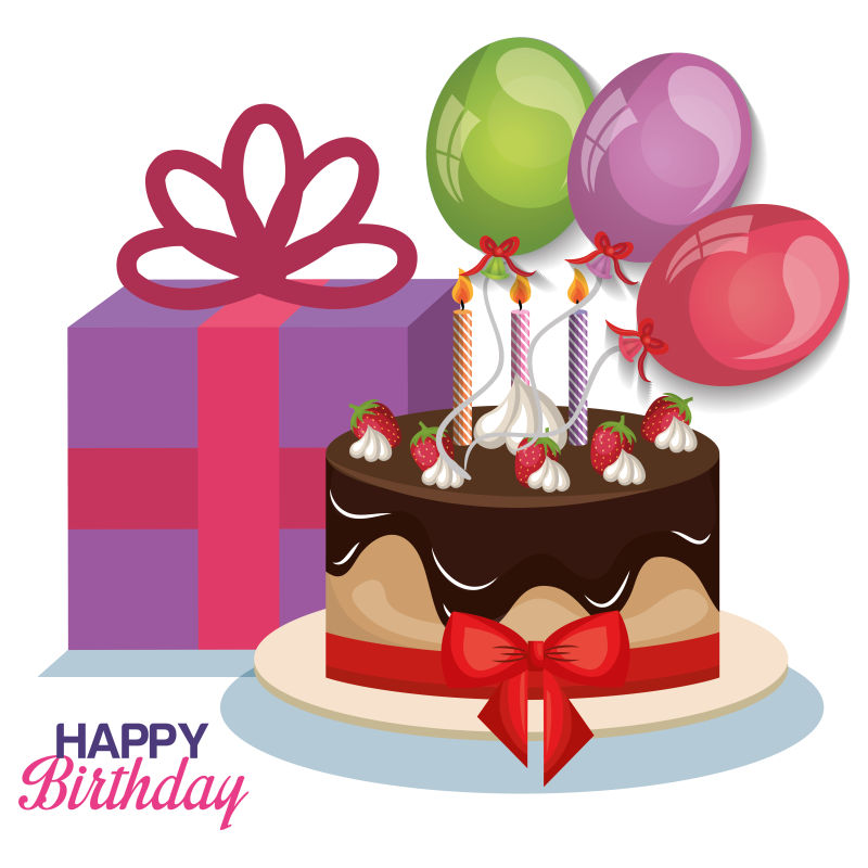 生日礼物和蛋糕气球的贺卡矢量设计
