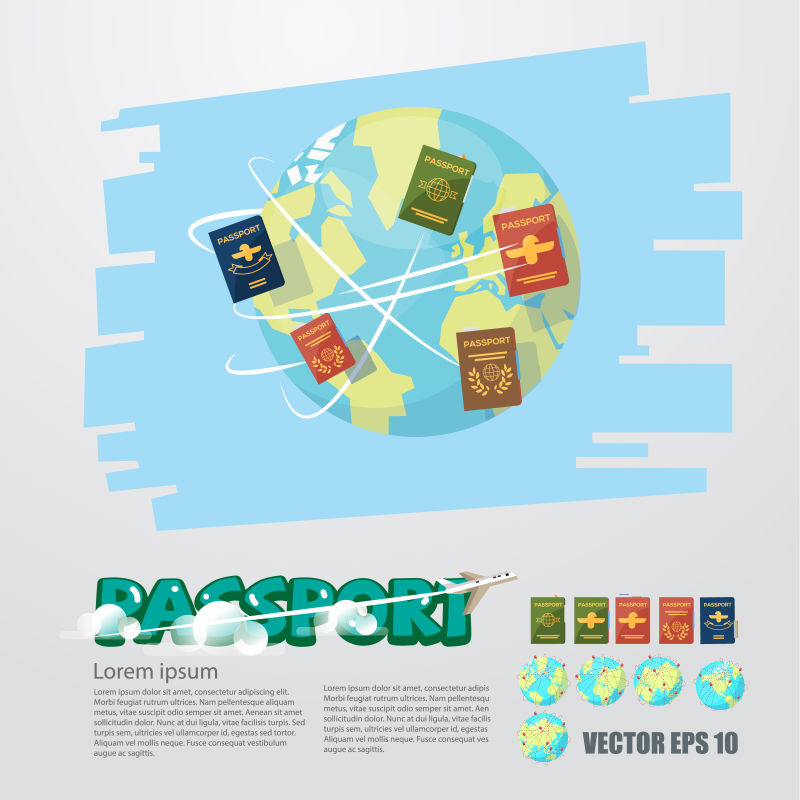 世界各地护照册矢量创意插图